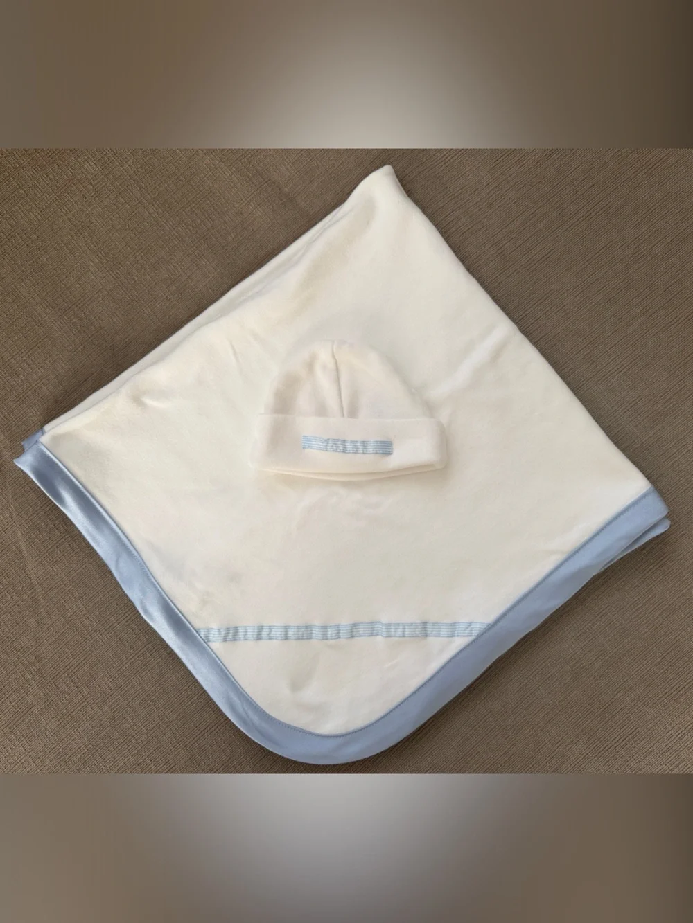 Classic Baby Cotton Blanket and Hat Set - White with Light Blue Satin Trim